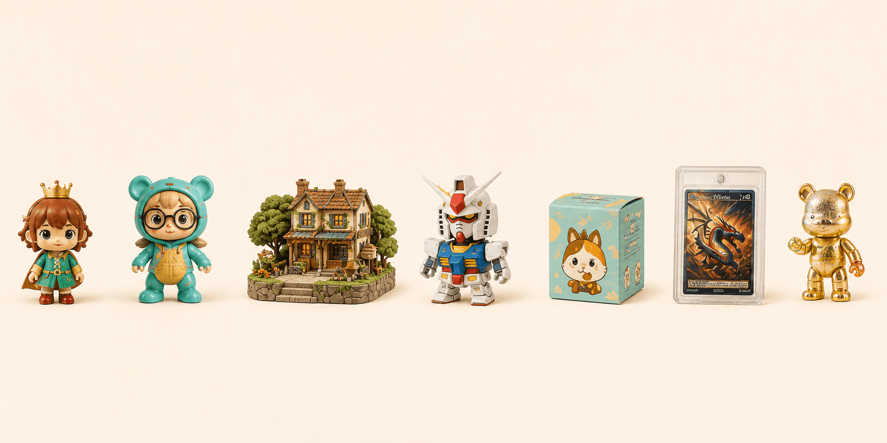 Seven collectible worlds: figures, art toys, miniatures, model kits, blind boxes, trading cards and limited pieces